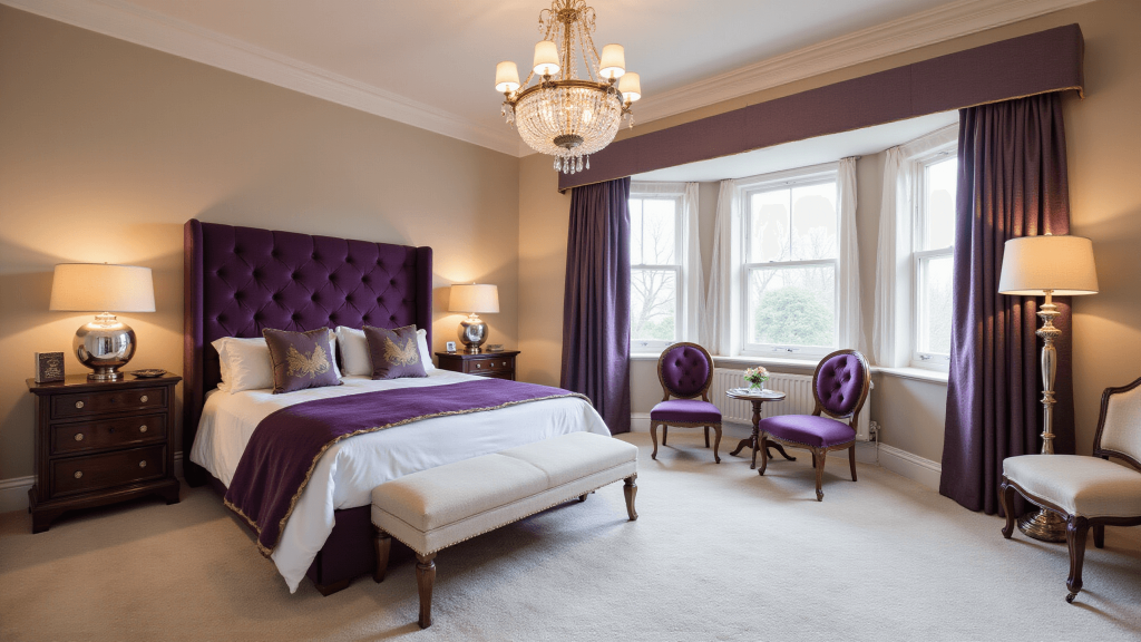 "Elegant master bedroom with deep purple velvet headboard, enriched with purple and white bedding, gold accents, under a crystal chandelier with floor-to-ceiling windows and plush white carpet"