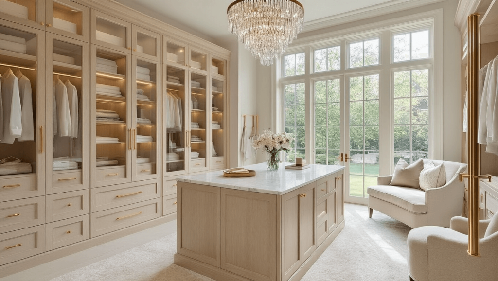 "Elegant U-shaped walk-in closet with white oak cabinetry, centered marble island, brass hardware, and morning light streaming through windows"