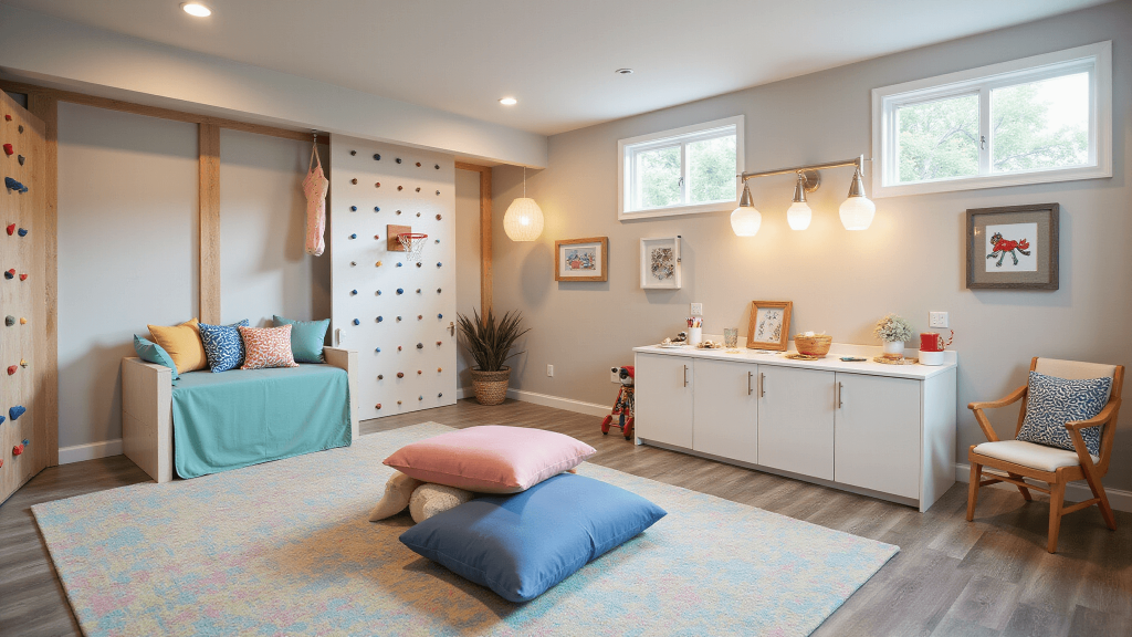 "Vibrant basement playroom featuring a climbing wall, reading nook, and art station with modern white storage and colorful foam flooring."