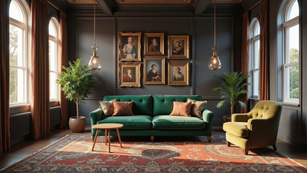 "Maximalist living room with emerald velvet sofa, vintage Persian rugs, brass lighting, arched windows, and sunlit interior"