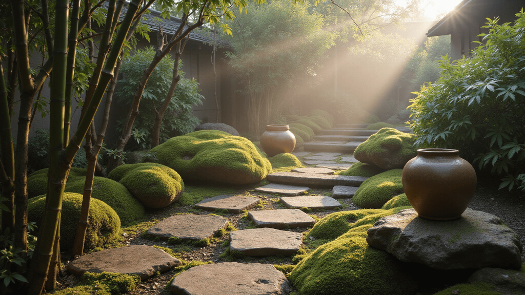 "Misty dawn in a serene Japanese garden with moss-covered stones, weathered pots, bamboo and native plants in natural light."