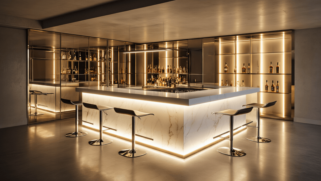 "Modern basement bar with white quartz counter, chrome stools, LED lighting, and backlit premium spirits during golden hour"