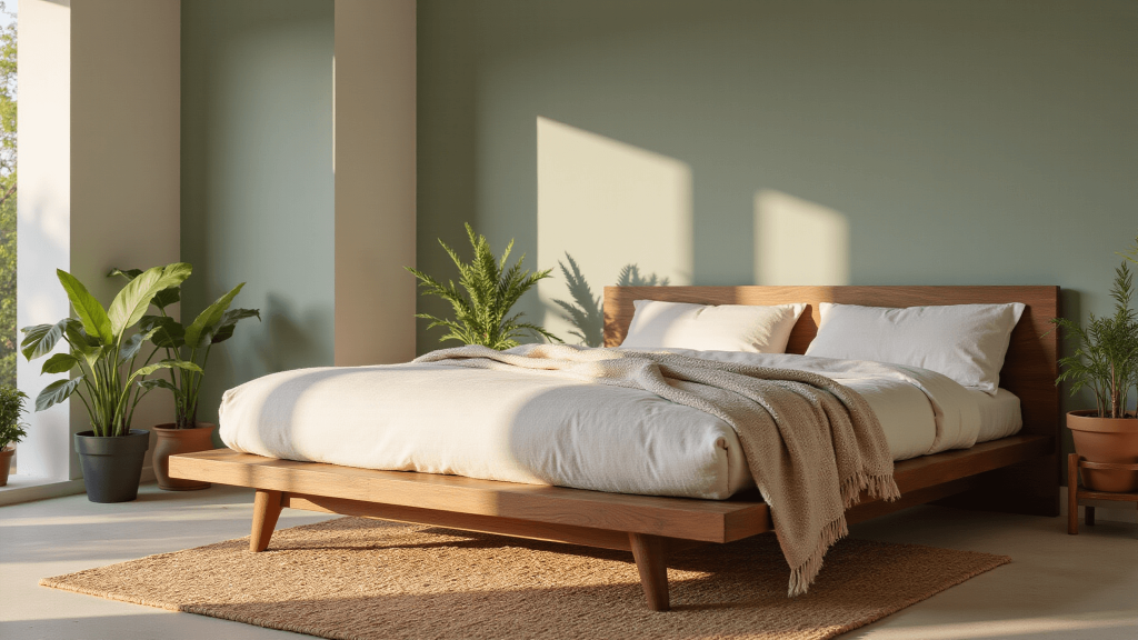 "Modern minimalist bedroom with walnut platform bed, sage walls, linen bedding, jute rug, potted plants, and golden sunlight illuminating the room through floor-to-ceiling windows."