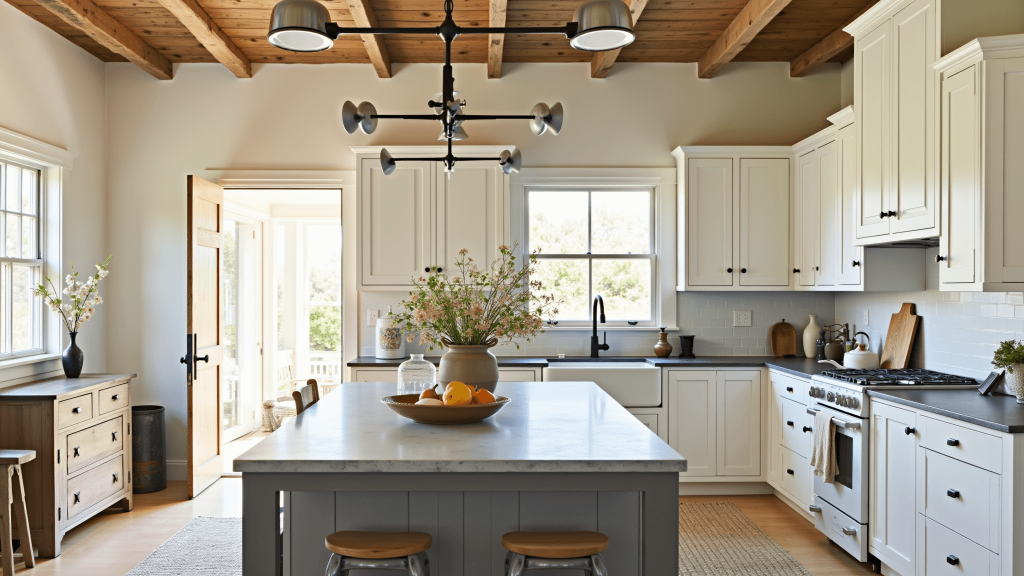 "Cozy modern farmhouse interior with white shaker cabinets, exposed wooden beams, vintage accents, and a neutral color palette bathed in warm natural light"