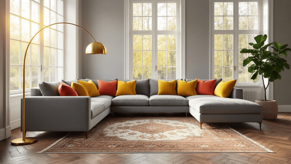 "Modern grey living room with mustard and coral accents, gold floor lamp, and a fiddle leaf fig plant, on herringbone wooden floors"