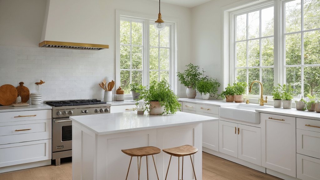 "Modern minimalistic kitchen with white cabinets, quartz countertops, stainless steel appliances, and brass fixtures, illuminated by natural light from a large window, adorned with potted herbs."