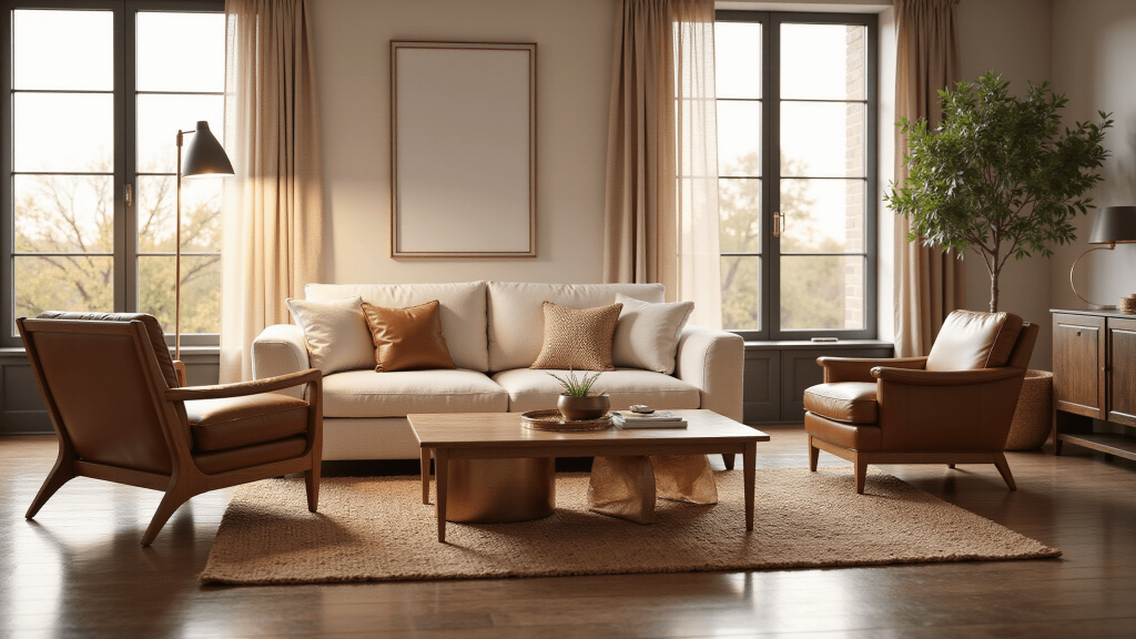 "Modern luxe living room with warm lighting, neutral textures, an ivory linen sofa, cognac leather chairs, oak coffee table, and potted olive tree."