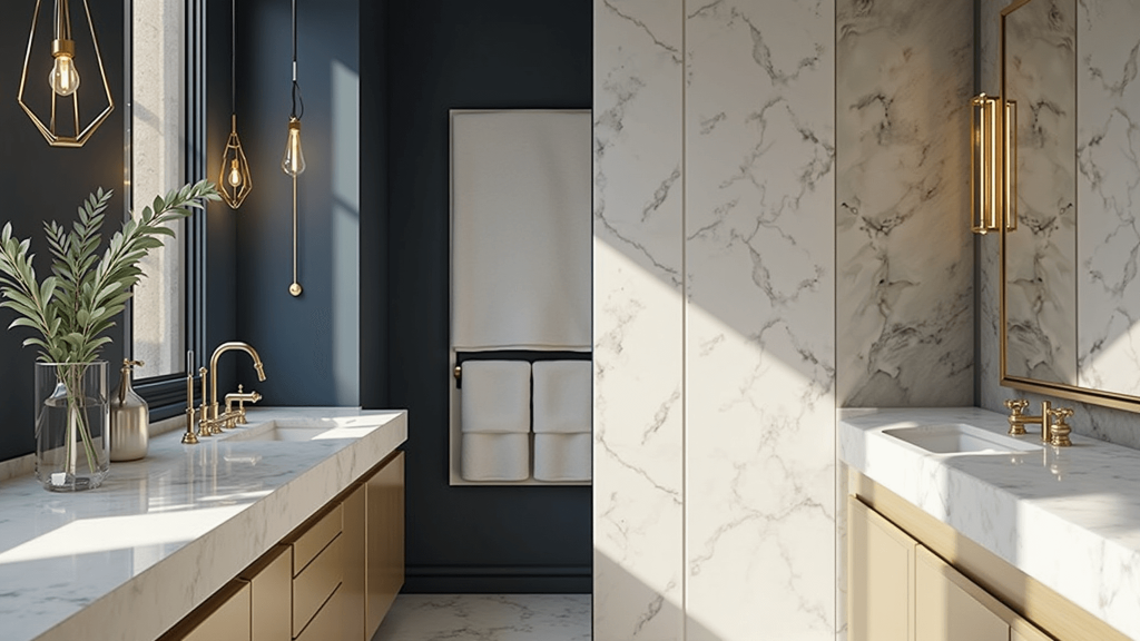 "Luxurious modern bathroom with gold fixtures, white marble countertops, navy accent wall and plush white towels bathed in soft morning light"