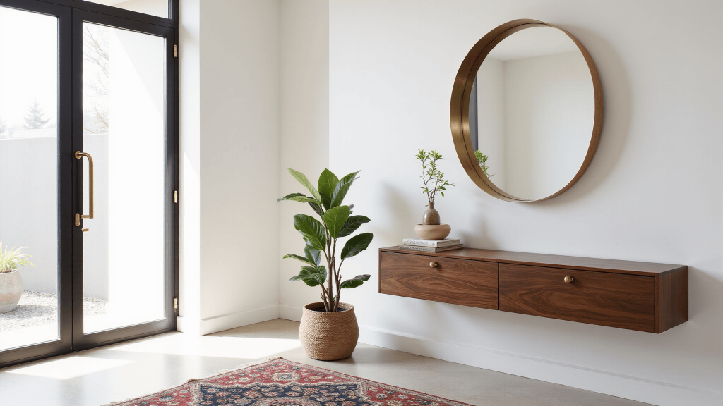 "Modern, minimalist entryway with walnut console table, brass mirror, snake plant and Persian runner basking in natural morning light"