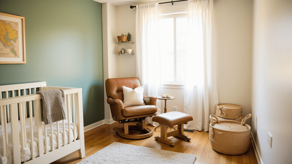 "Modern baby boy nursery with sage green accent wall, cream crib, leather glider, woven baskets, knit throws, plush area rug, vintage map wall art, brass accents and sheer white curtains"