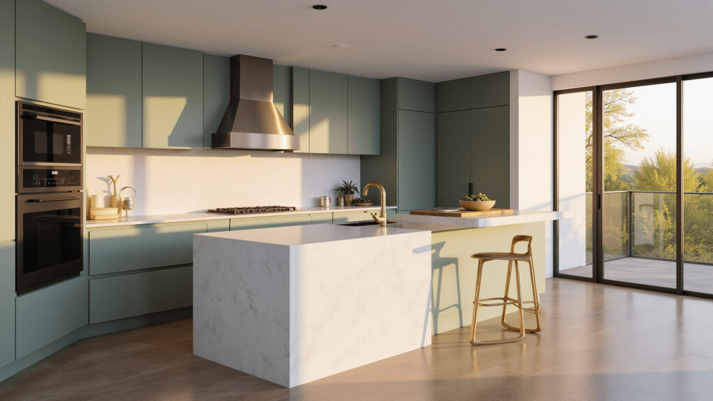 "Modern kitchen with sage green cabinets and white quartzite island under golden sunlight streaming through floor-to-ceiling windows"