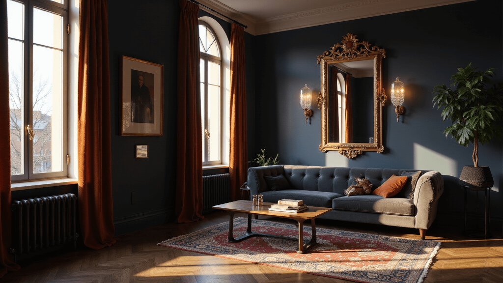 "Sophisticated living room with navy walls, velvet drapes, an antique brass mirror, and gold accents at golden hour"