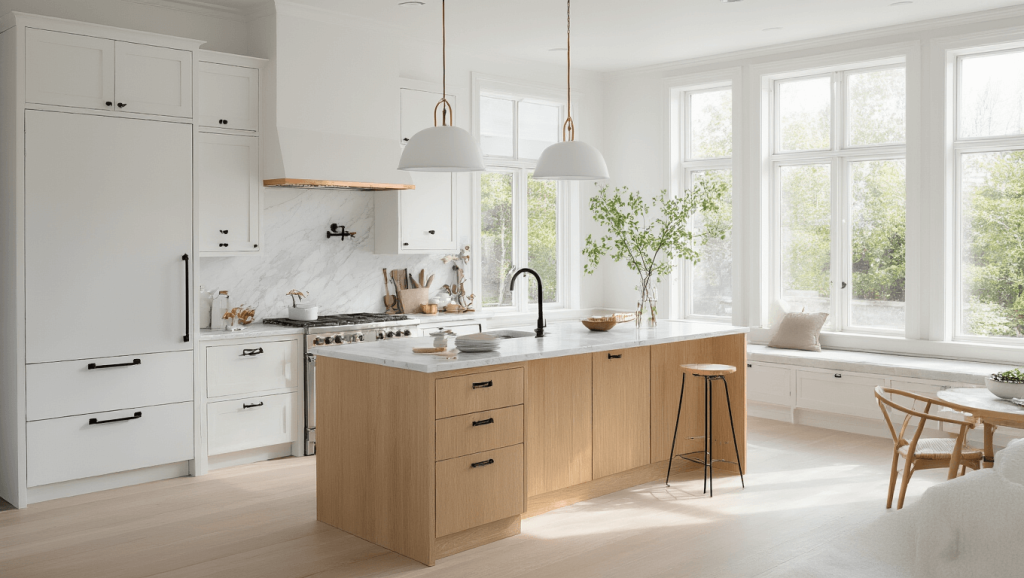 "Bright Nordic kitchen with white cabinets, blonde oak island, marble countertops, large windows, minimal decor, copper accents, and matte black hardware on a clean white background"
