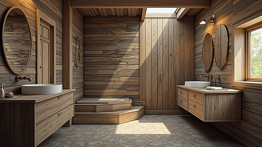 "Cozy cabin bathroom with barn wood walls, oak vanity, cedar shower, stone floor, and vintage copper fixtures under morning skylight"