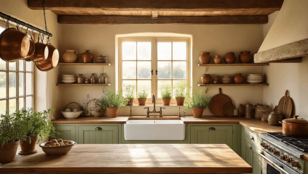 "Cozy rustic farmhouse kitchen with wooden beams, a central butcher block island, and vintage cookware in warm sunlight."