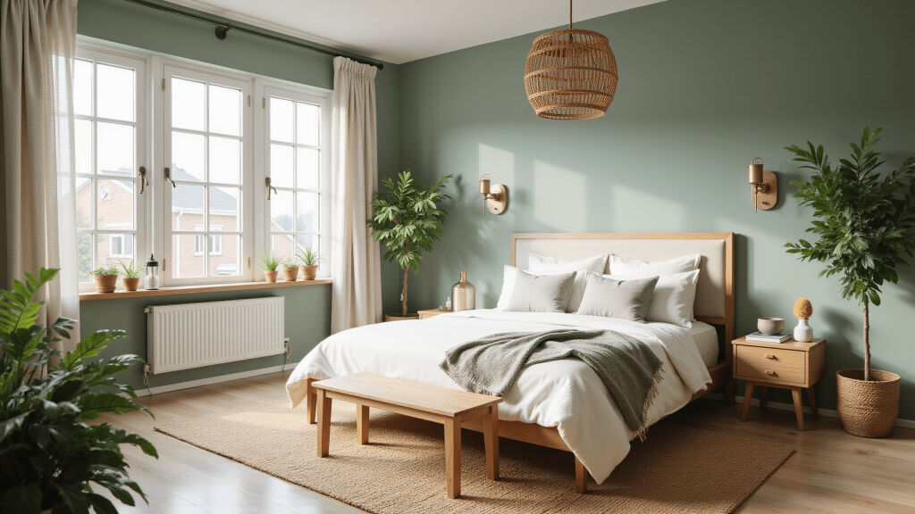 "Sage green bedroom interior with cream linen bed, jute rug, rattan lamp, brass wall sconces, and natural textures highlighted by soft morning light"