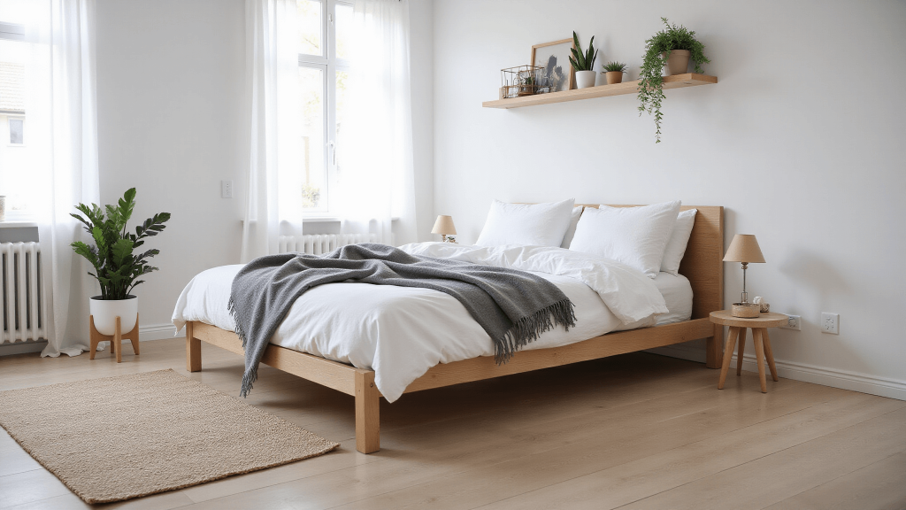 "Scandinavian minimalist bedroom with oak platform bed, white linen bedding and natural light through sheer curtains"