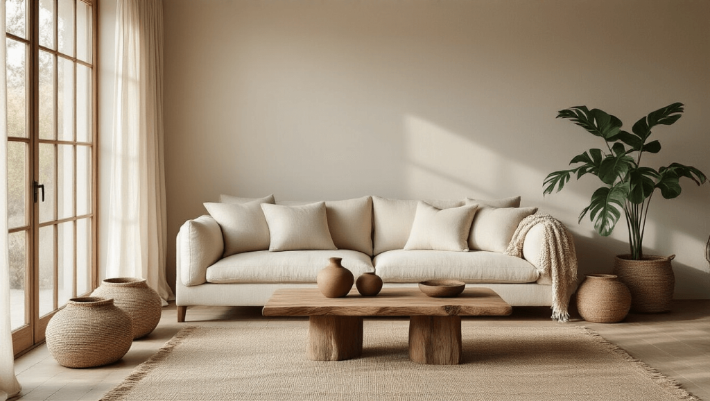 "Minimalist Japandi living room with beige linen sofa, walnut coffee table, oak floors and earth-toned accents"