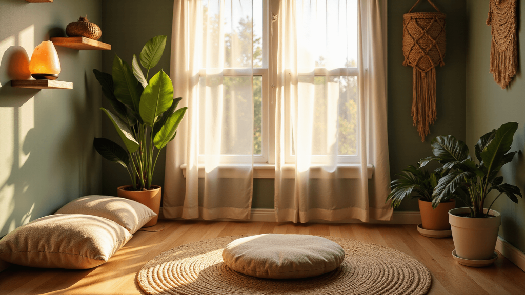 "Serenely lit meditation corner with a plush cushion, natural textures, snake plants, Himalayan salt lamp, and soft shadows on sage green walls."