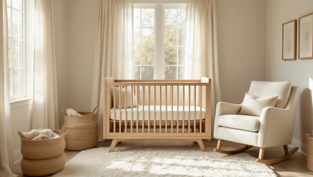 "Serene nursery with oak crib, cream glider, woven baskets, and linen curtains in soft morning light"