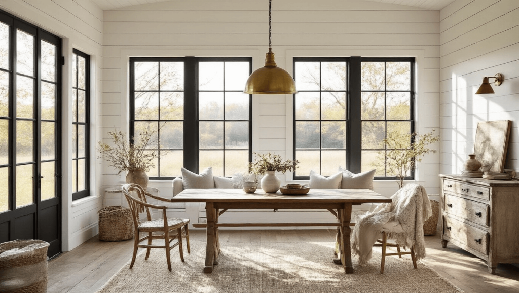 "Sunlit vintage modern farmhouse interior with white shiplap walls, antique furniture, modern lighting, and warm neutral color palette"
