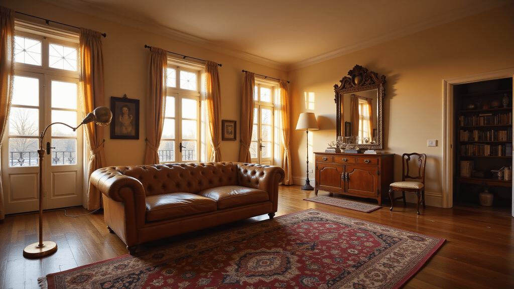 "Vintage living room with Chesterfield sofa, Art Deco mirror, brass lamp, and Persian rugs bathed in warm sunlight"