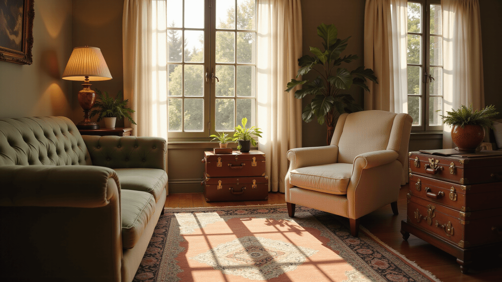 "Vintage living room interior with sage velvet sofa, cream bouclé armchair, Persian rug, and Victorian lamp basking in the warm golden hour sunlight."
