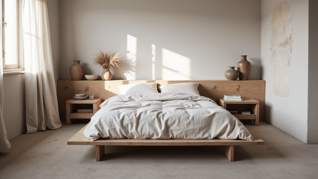 "Minimalist bedroom with low wooden platform bed, natural linen bedding, ceramic vessels, dried pampas grass, weathered wooden furniture, and lime-washed walls in earth tones"