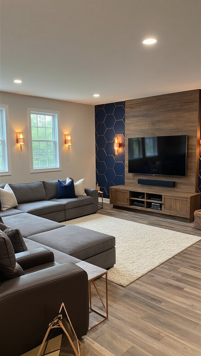 Wide-angle view of a modern 800 sq ft basement entertainment room with a grey L-shaped sectional, 75-inch TV on a walnut media wall, warm layered lighting, and stylish acoustic panels on the walls.