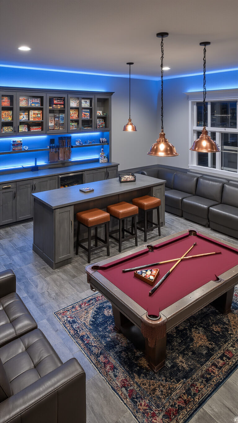 Ultimate game room with blue LED lighting, burgundy Brunswick pool table, industrial pendant lights, grey oak wet bar with copper accents, cognac leather barstools, illuminated board game display, and charcoal modular seating on concrete-style flooring.