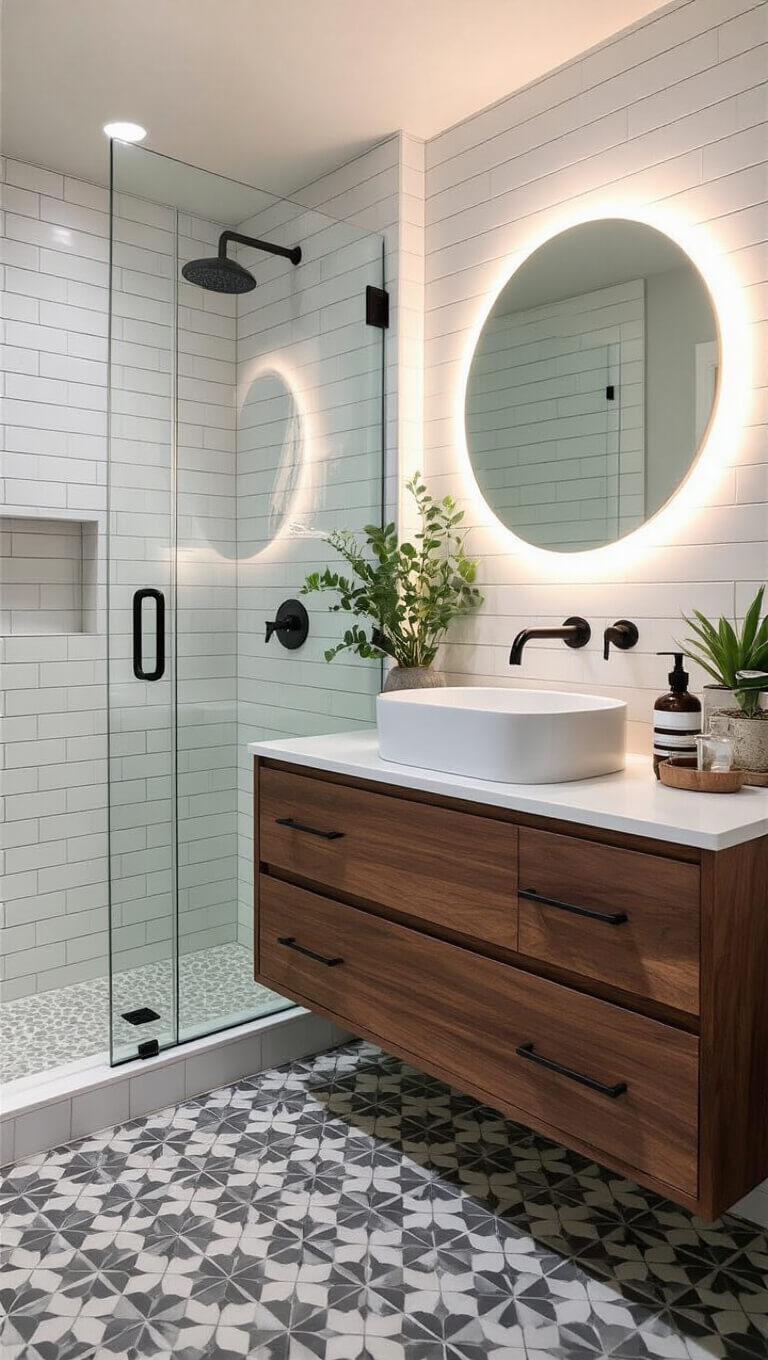 Modern basement bathroom with white subway tiles, floating walnut vanity, black fixtures, frameless glass shower, geometric floor tiles, and backlit round mirror.