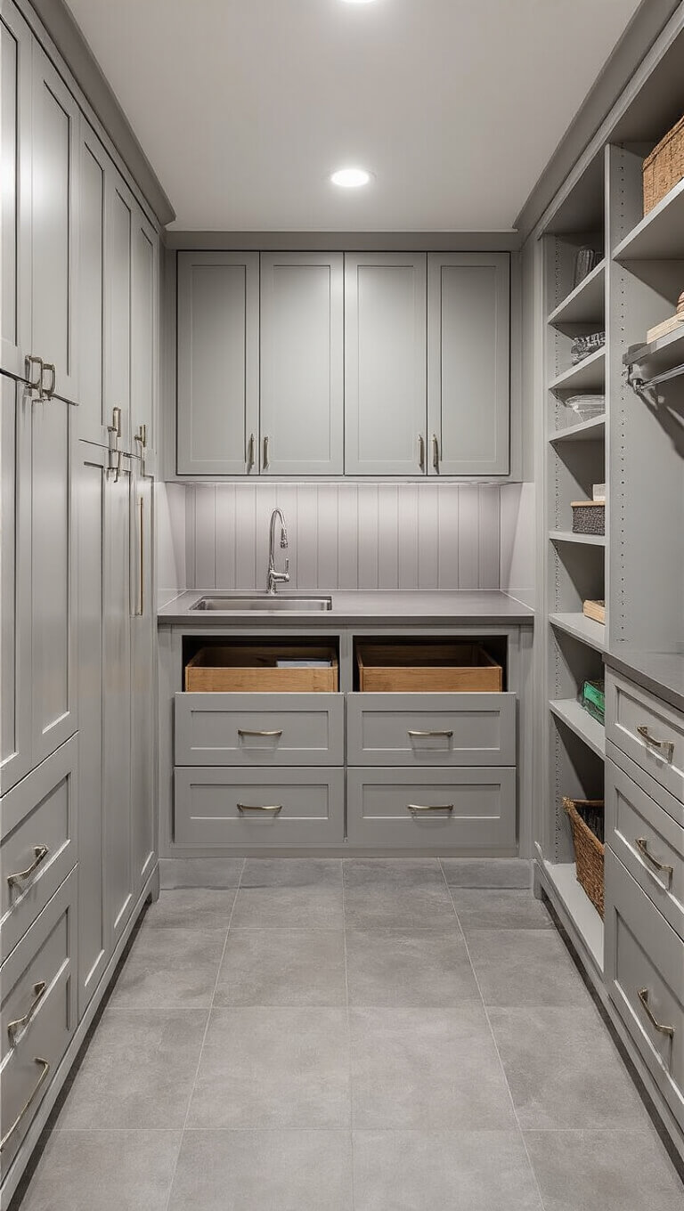 Corner view of utility zone with light grey floor-to-ceiling cabinets, under-stair pull-out drawers, LED-lit open shelving, concrete-look vinyl flooring, and stainless steel sink with folding counter.