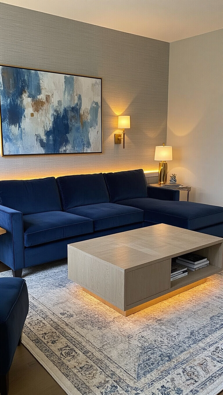 Evening-lit cozy media lounge with deep navy velvet sectional, layered lighting, textured warm grey wallpaper, abstract blue and copper art, and vintage-style rug over heated floors.
