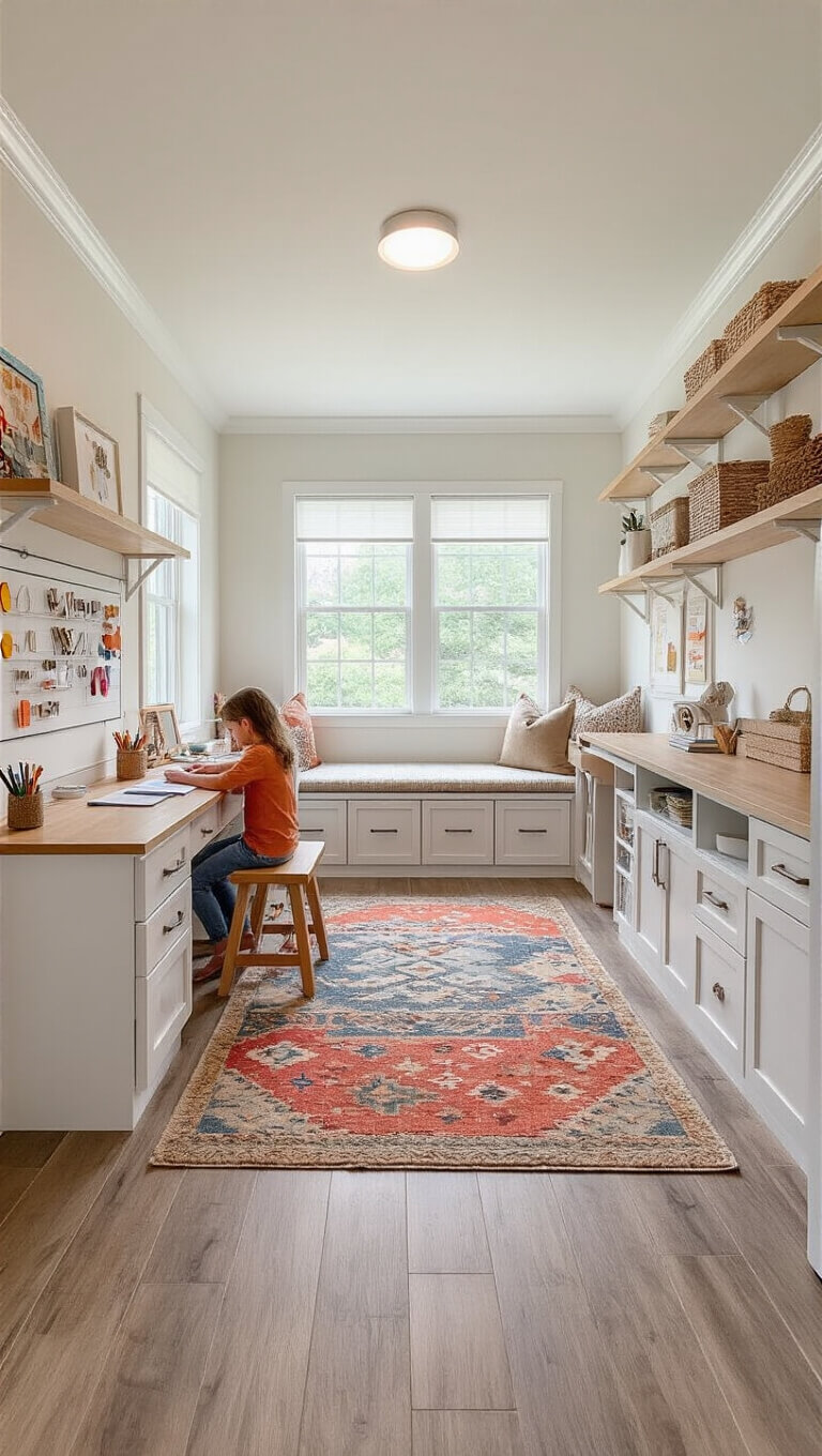 Wide-angle view of a multi-functional family room with zoned areas for crafting, homework, and seating, featuring custom white and wood storage, vinyl plank flooring, and colorful rugs.