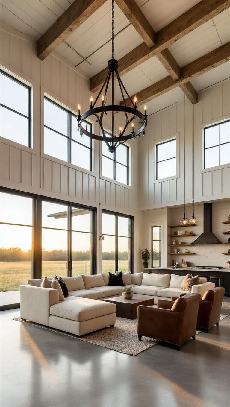 Barndominium great room with soaring ceilings, exposed beams, modern rustic furnishings, and golden hour light streaming through floor-to-ceiling windows.