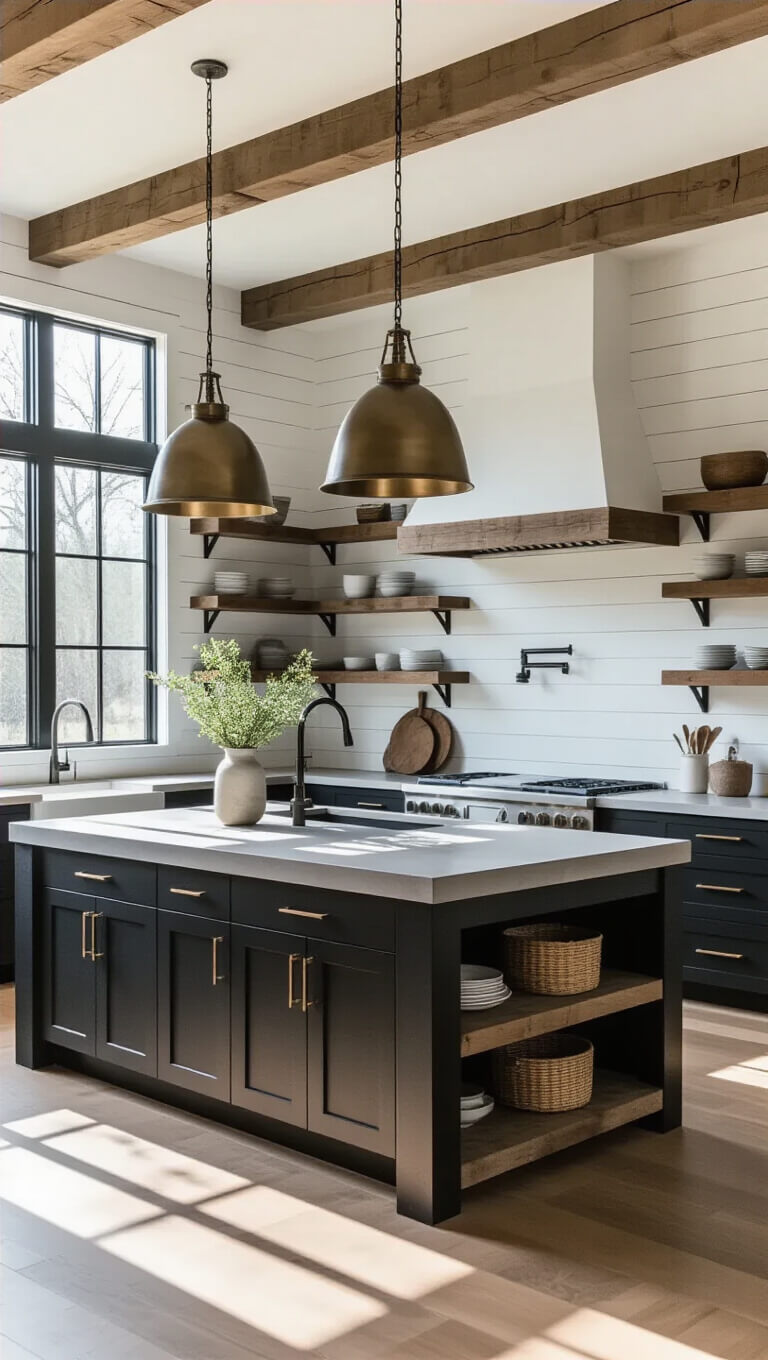 Contemporary kitchen with honed concrete waterfall island, matte black cabinets, barn wood shelves, and brass industrial pendants in natural sunlight.