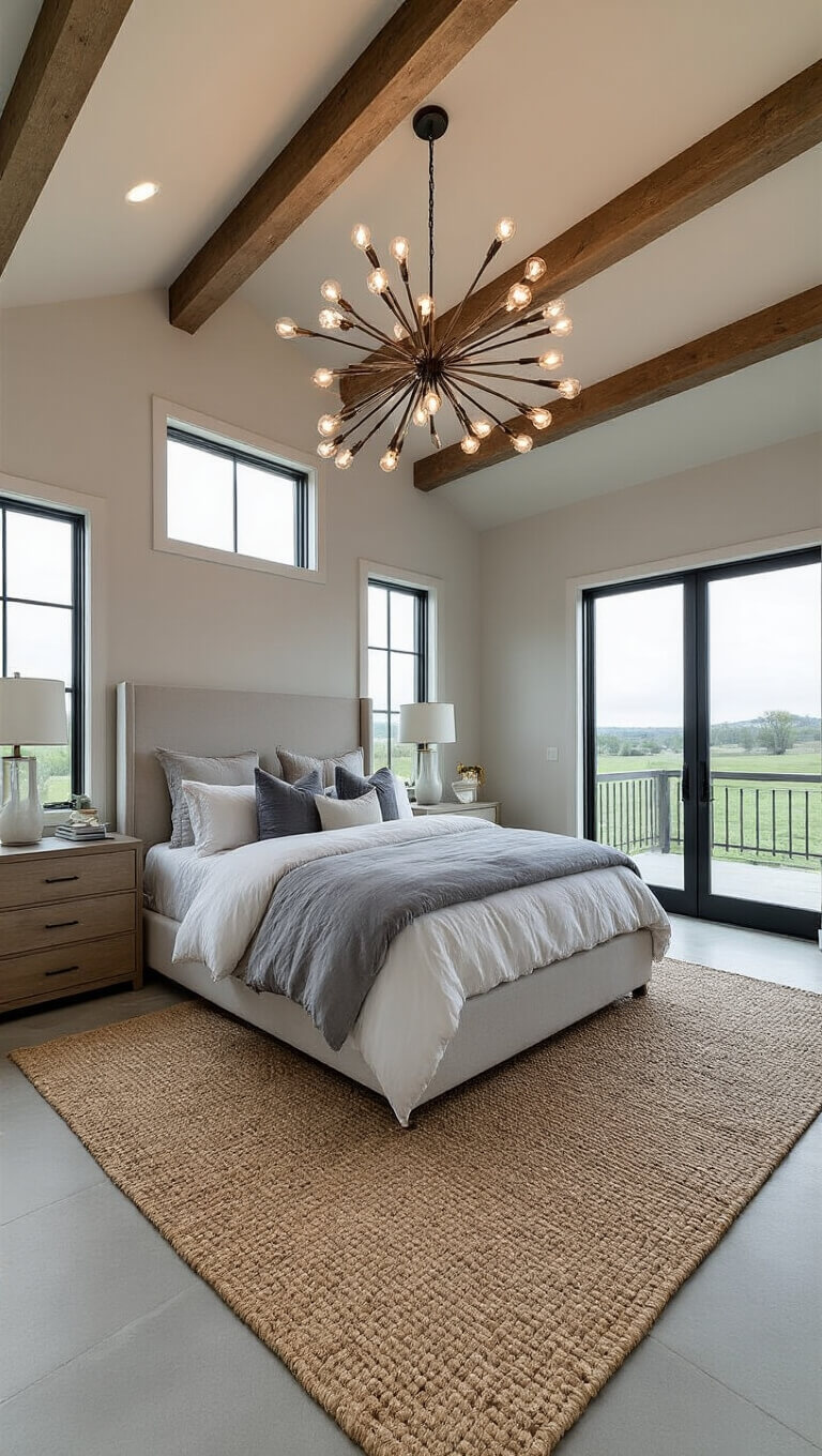Twilight master bedroom with vaulted ceilings, exposed beams, king bed, sputnik chandelier, and floor-to-ceiling windows showing pastoral views.