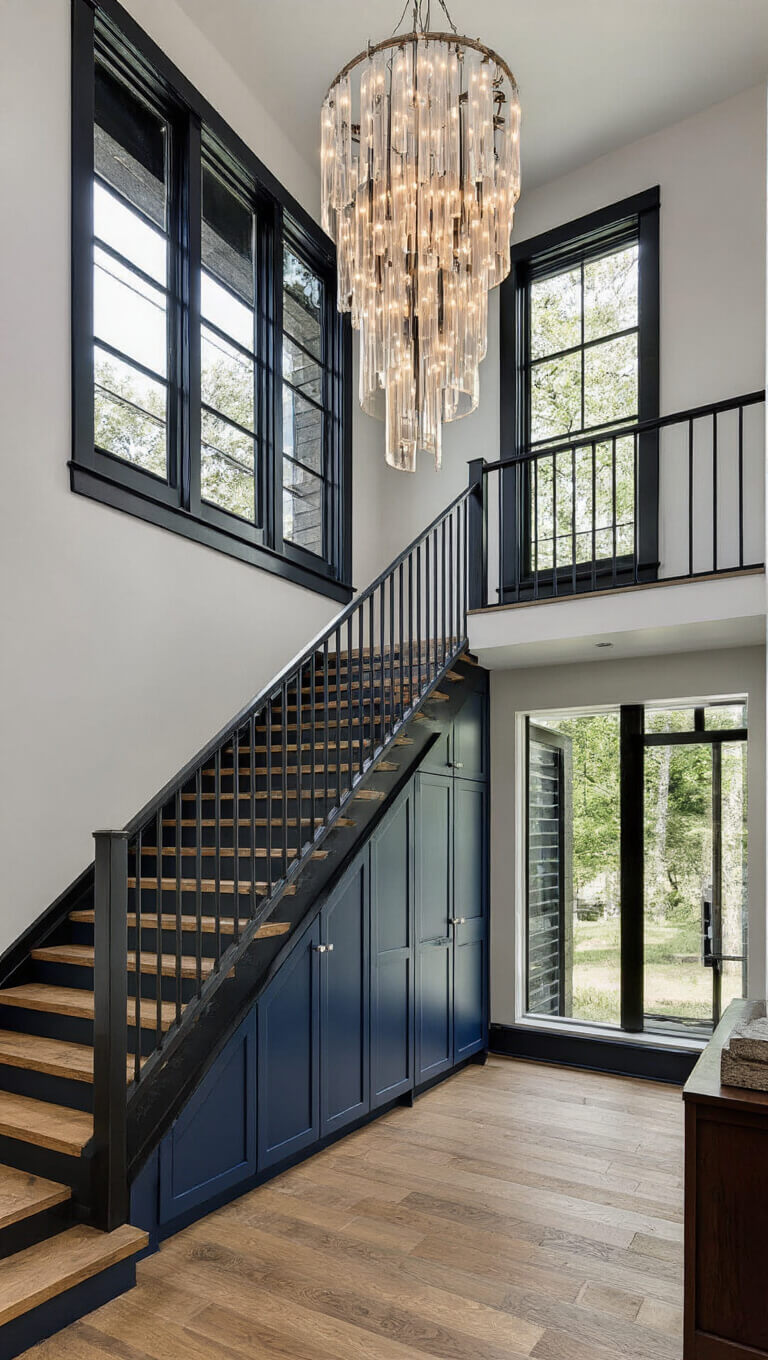 View from second-story catwalk overlooking double-height foyer with blackened steel and reclaimed timber staircase, navy blue built-in storage, and cascading modern chandelier.