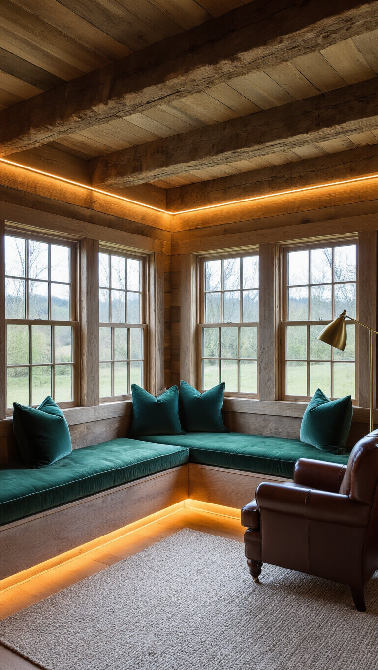Cozy reading nook in hayloft with forest green window seat, vintage armchair, and warm LED lighting during blue hour.