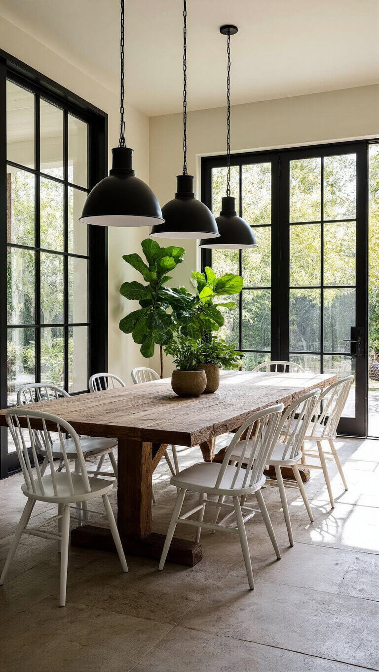 Sunlit dining room with reclaimed wood table, white Windsor chairs, black pendant lights, and glass doors opening to patio with greenery.