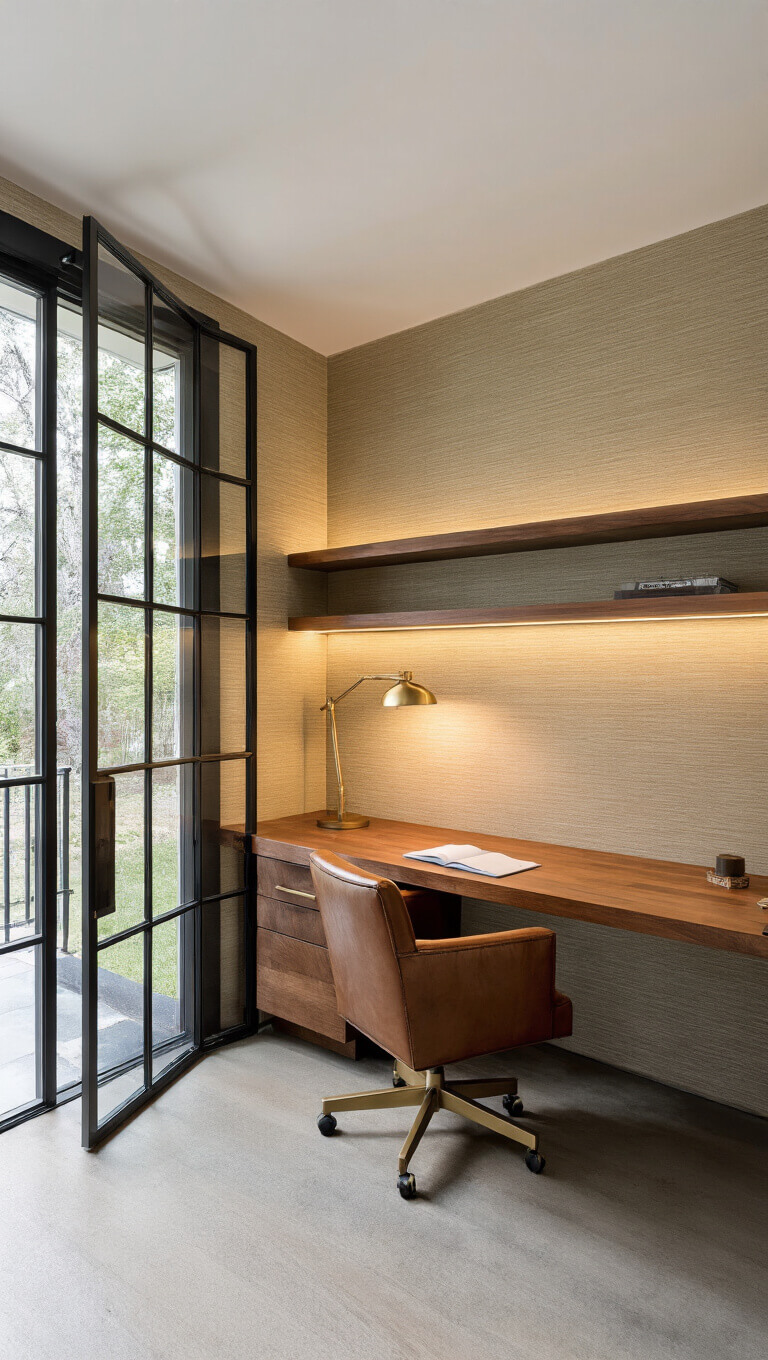 Modern home office alcove with walnut built-in desk, steel-framed glass partitions, vintage leather chair, and warm morning light.