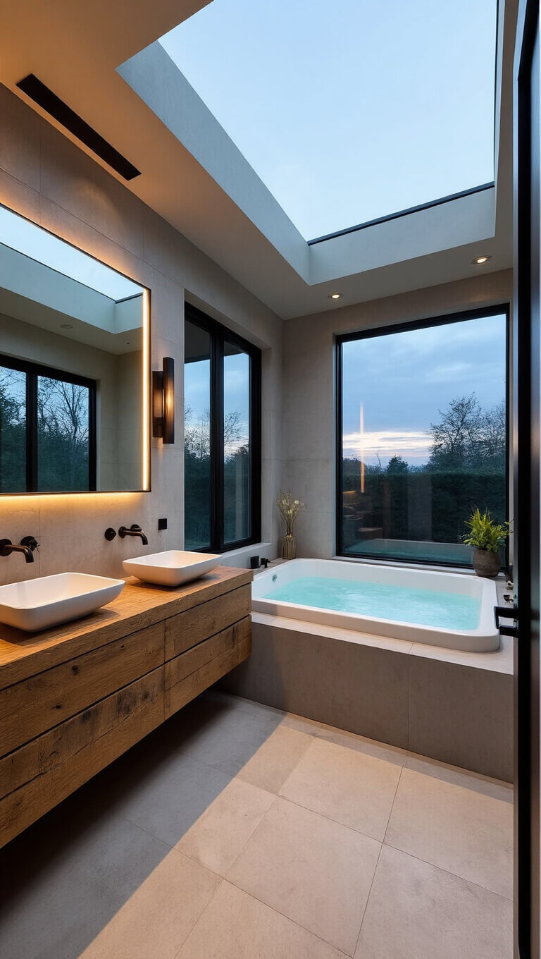 Luxurious primary bathroom at dusk with soaking tub under skylight, matte black fixtures, concrete tiles, reclaimed oak vanity, vessel sinks, and backlit mirror.