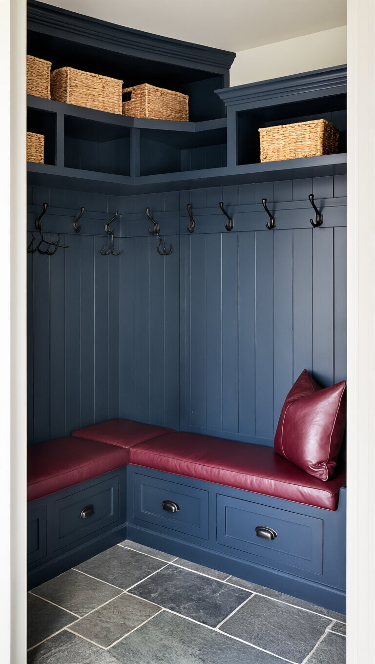 Mudroom entry with navy shiplap storage, burgundy leather bench seating, black steel coat hooks, and slate tile flooring in morning light.