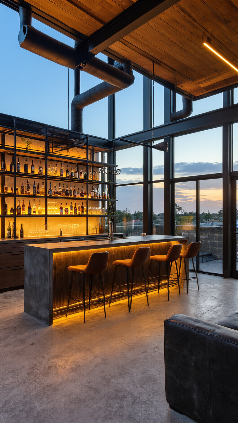 Moody evening bar with industrial shelving, matte black ductwork, warm wood ceiling, LED-lit bottles, distressed leather barstools, and concrete countertop at sunset.