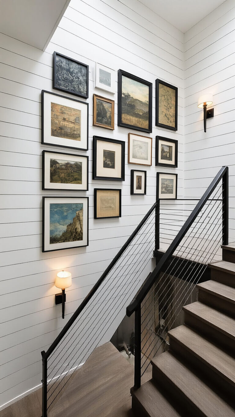Gallery wall with black-framed modern and vintage art rising two stories in stairwell with white shiplap walls, minimal wire railing, and industrial sconces, viewed from below.