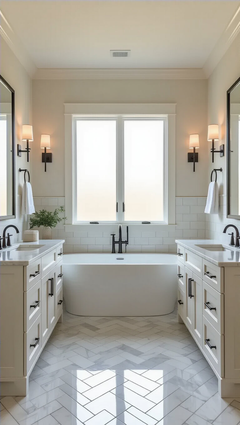 Spacious 10x12 master bathroom with marble double vanity, herringbone floor tiles, soaking tub, and natural morning light.