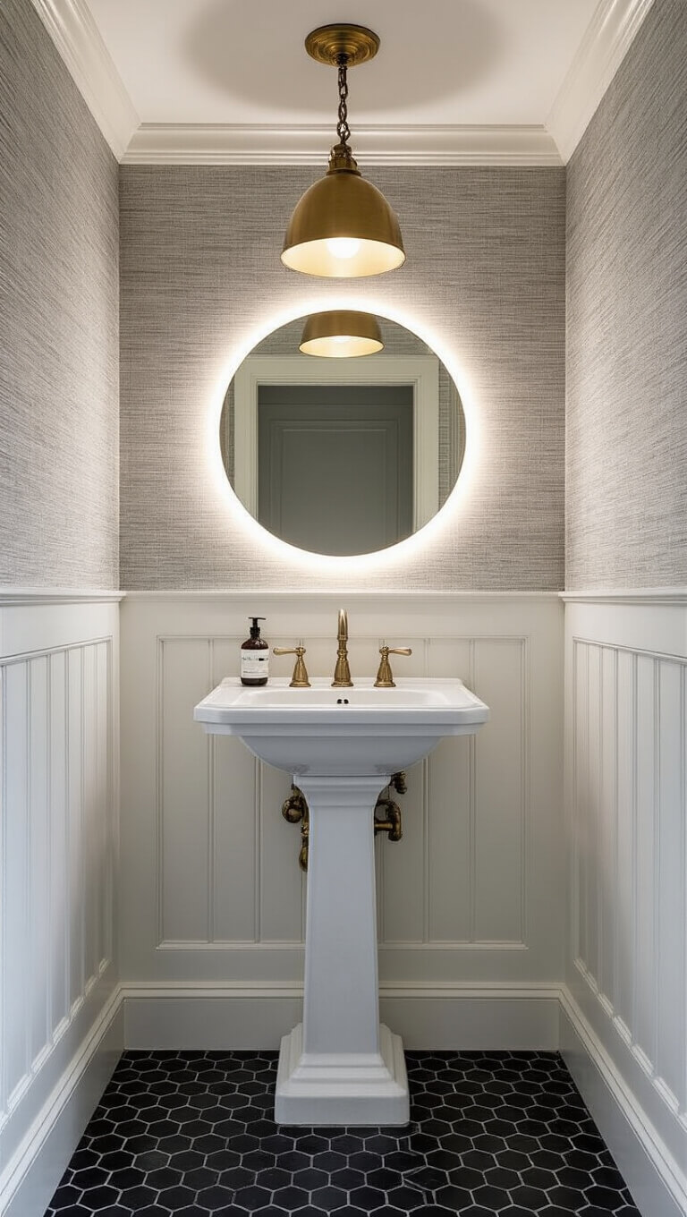 Elegant powder room with vintage pedestal sink, modern backlit mirror, grey grasscloth wallpaper, white wainscoting, brass pendant light, and black-and-white marble hex tile floor.
