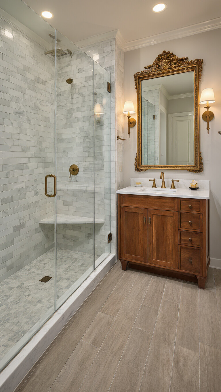 Luxurious en-suite bathroom with marble-tiled glass shower, walnut double vanity, brass fixtures, and large floor mirror illuminated by golden hour light.