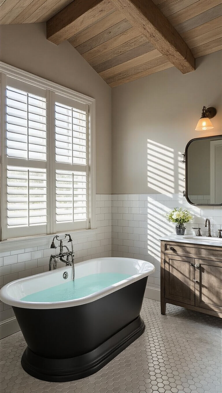 Contemporary 9'x11' guest bathroom with cathedral ceiling and exposed wooden beams, clawfoot tub with matte black exterior, marble-look porcelain walls, penny round floor tiles, mixed metal finishes, and morning light casting shadows through plantation shutters.
