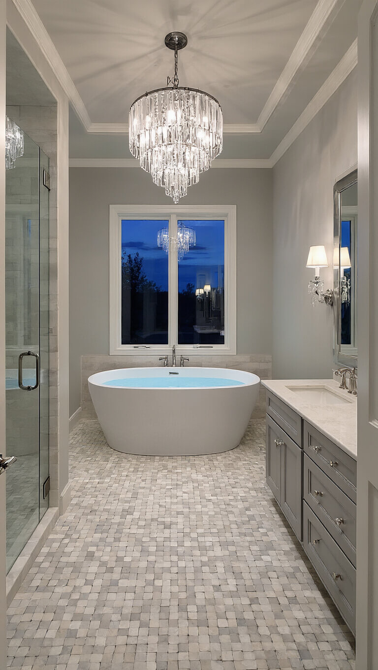Elegant 11'x14' master bathroom with freestanding oval tub under crystal-accented chandelier, floating dove grey vanities, marble basket weave floor, and oversized shower, captured at twilight.